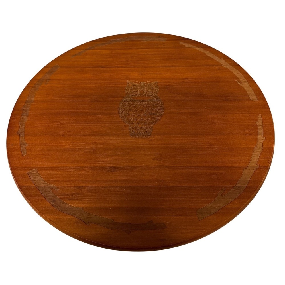 Wooden etched OWL Lazy Susan Rotating Serving Tray Inlaid Branch Detail 14"